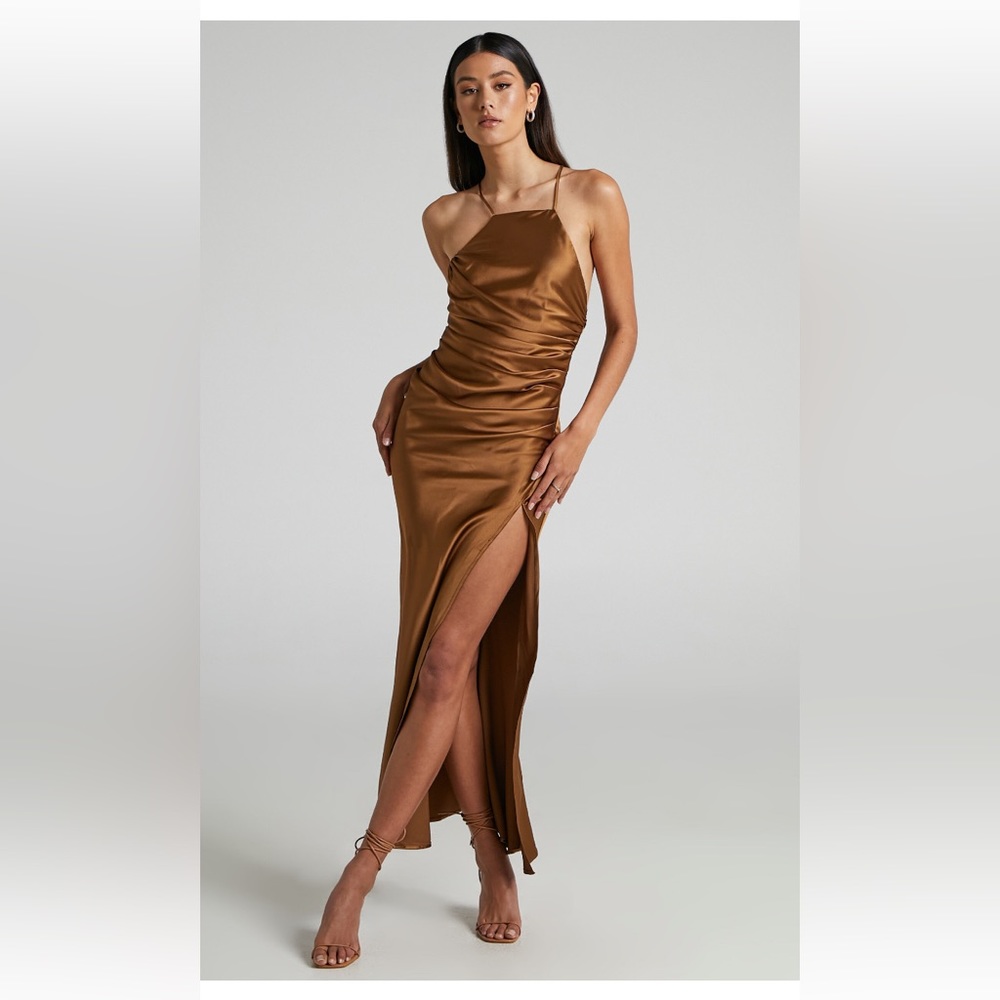 Showpo Malornan High Neck Ruched Maxi Dress in Coffee